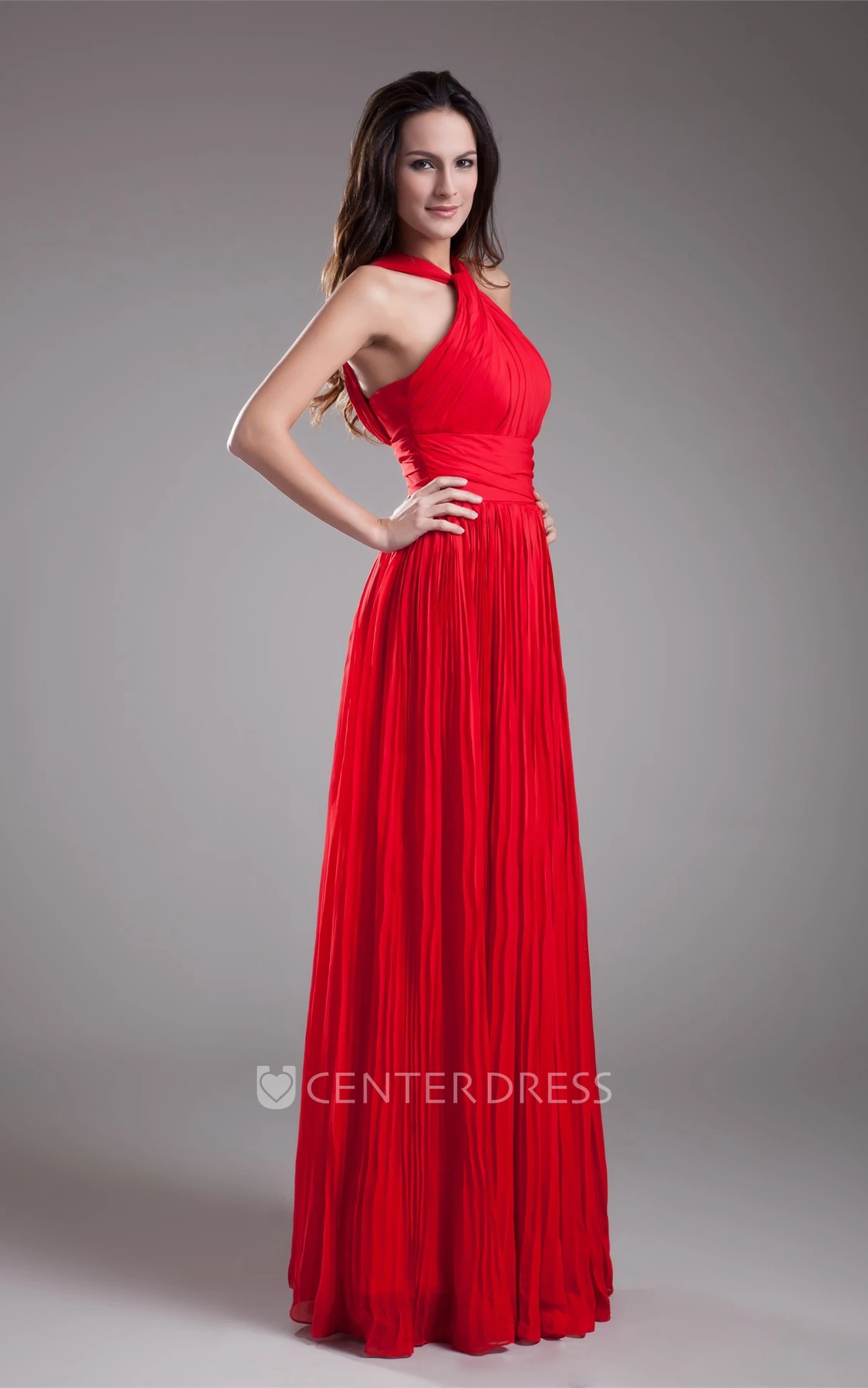 sleeveless a-line maxi ruched dress with zipper back and pleats