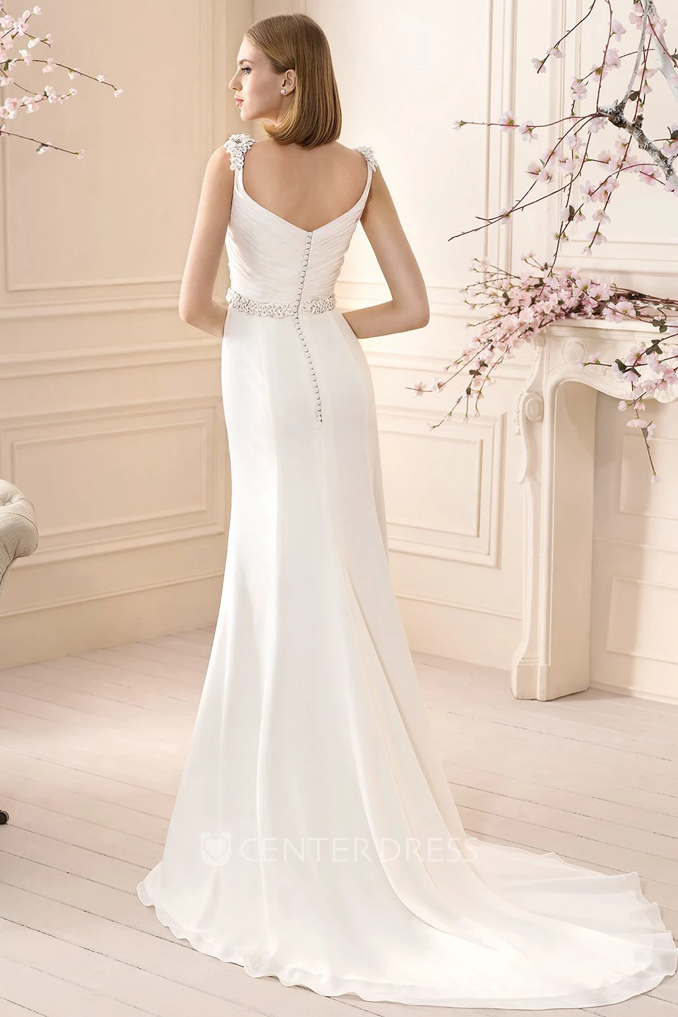 Sheath Long Floral Cowl-Neck Sleeveless Chiffon Wedding Dress With Beading