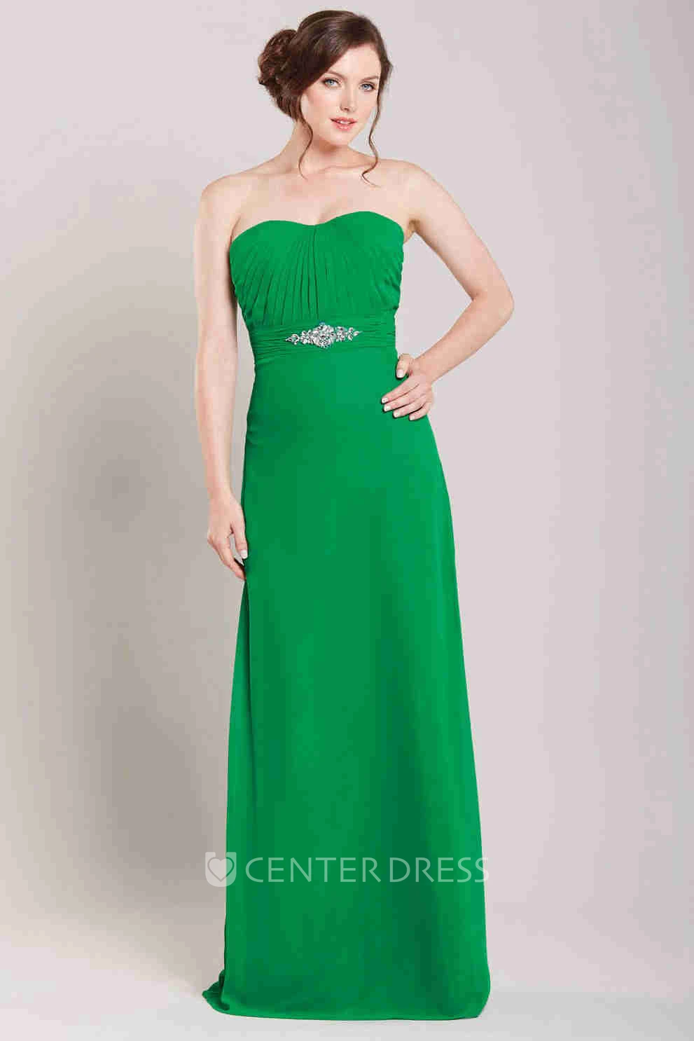 Strapless Floor-Length Ruched Chiffon Bridesmaid Dress With Waist Jewellery