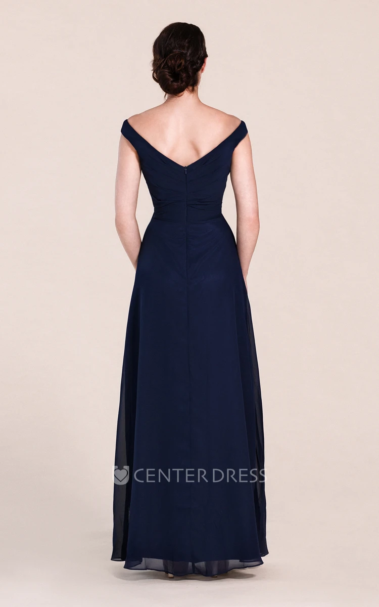 V-neck Off-shoulder A-line Chiffon Bridesmaid Dress With Ruchings