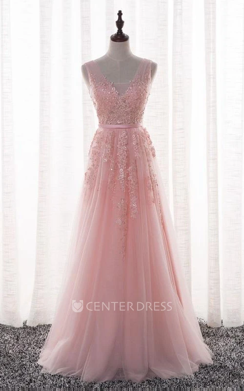 Sleeveless V-neck Long Beaded Tulle Dress