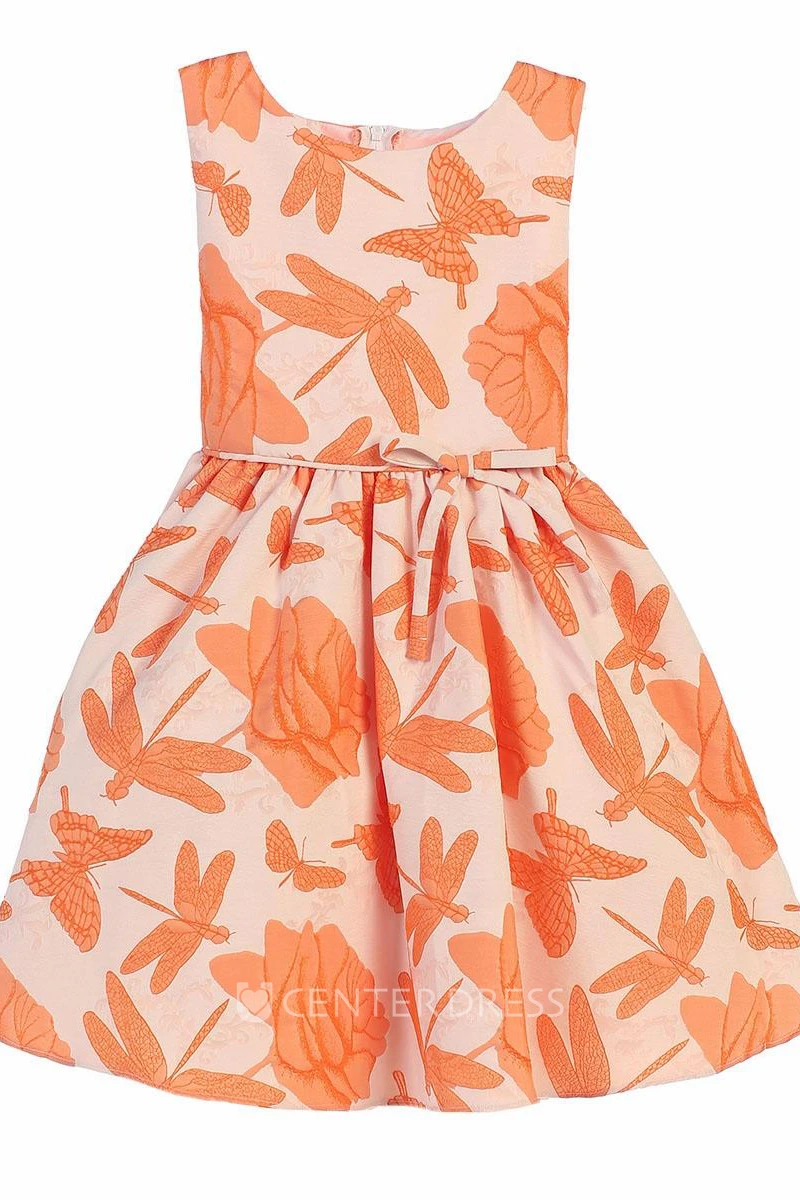 Embroideried Tea-Length Floral Bowed Flower Girl Dress With Ribbon