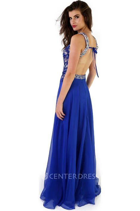 A-Line Sleeveless Floor-Length Crystal Scoop Chiffon Prom Dress With Backless Style And Pleats