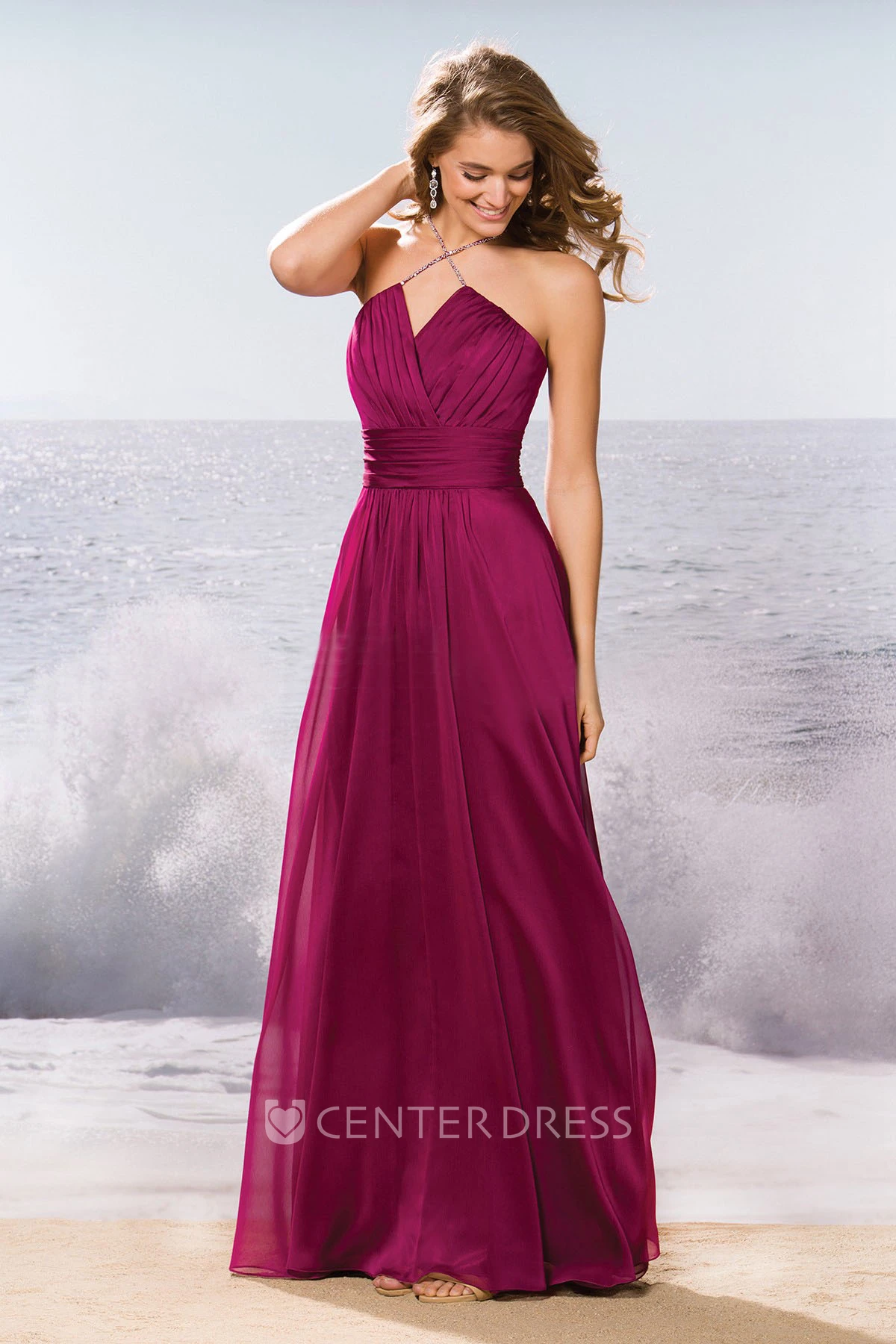 Sleeveless A-Line Long Bridesmaid Dress With Pleats And Beadings