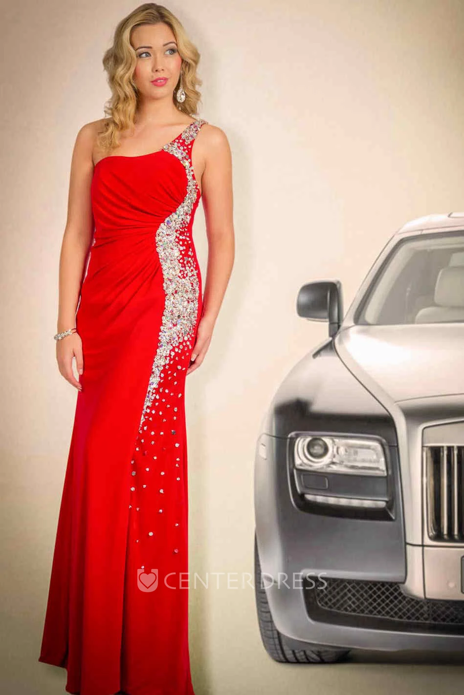 Sheath One-Shoulder Long Beaded Jersey Prom Dress With Ruching