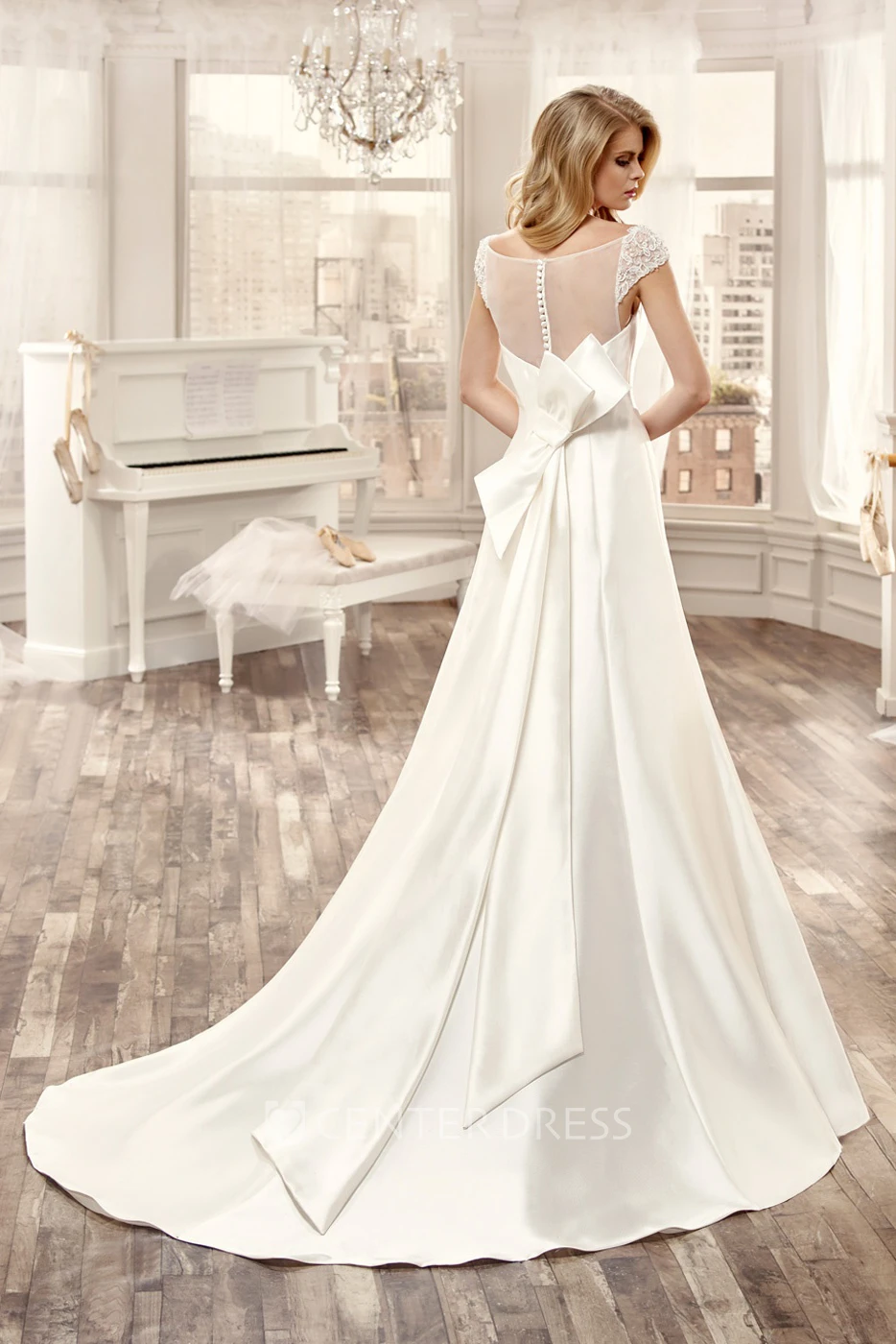 Sweetheart Cap-Sleeve Long Wedding Dress With Large Back Bow And Brush Train