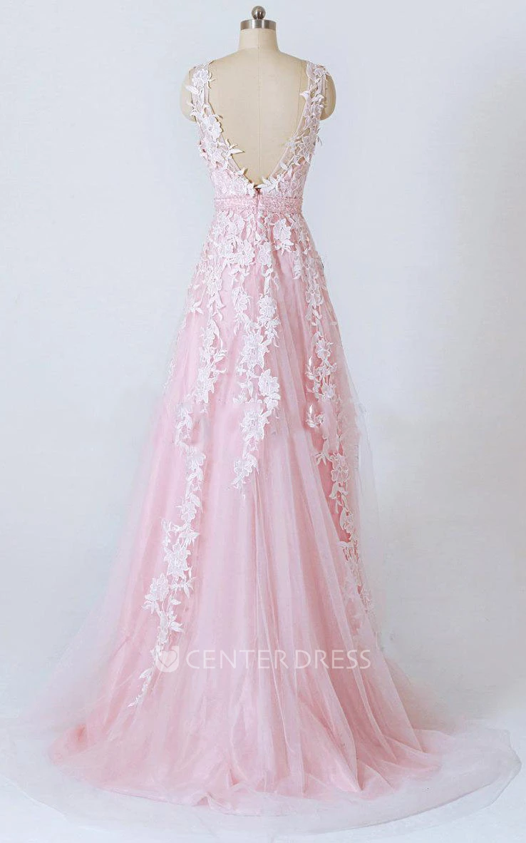 A-line V-neck Tulle And Lace Dress With Appliques And Low V back