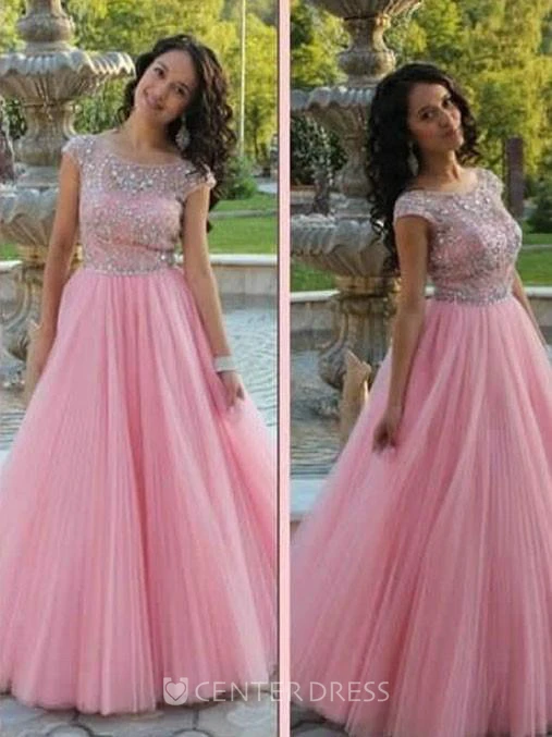A-Line Princess Short Sleeves Scoop Beading Tulle Floor-Length Dresses