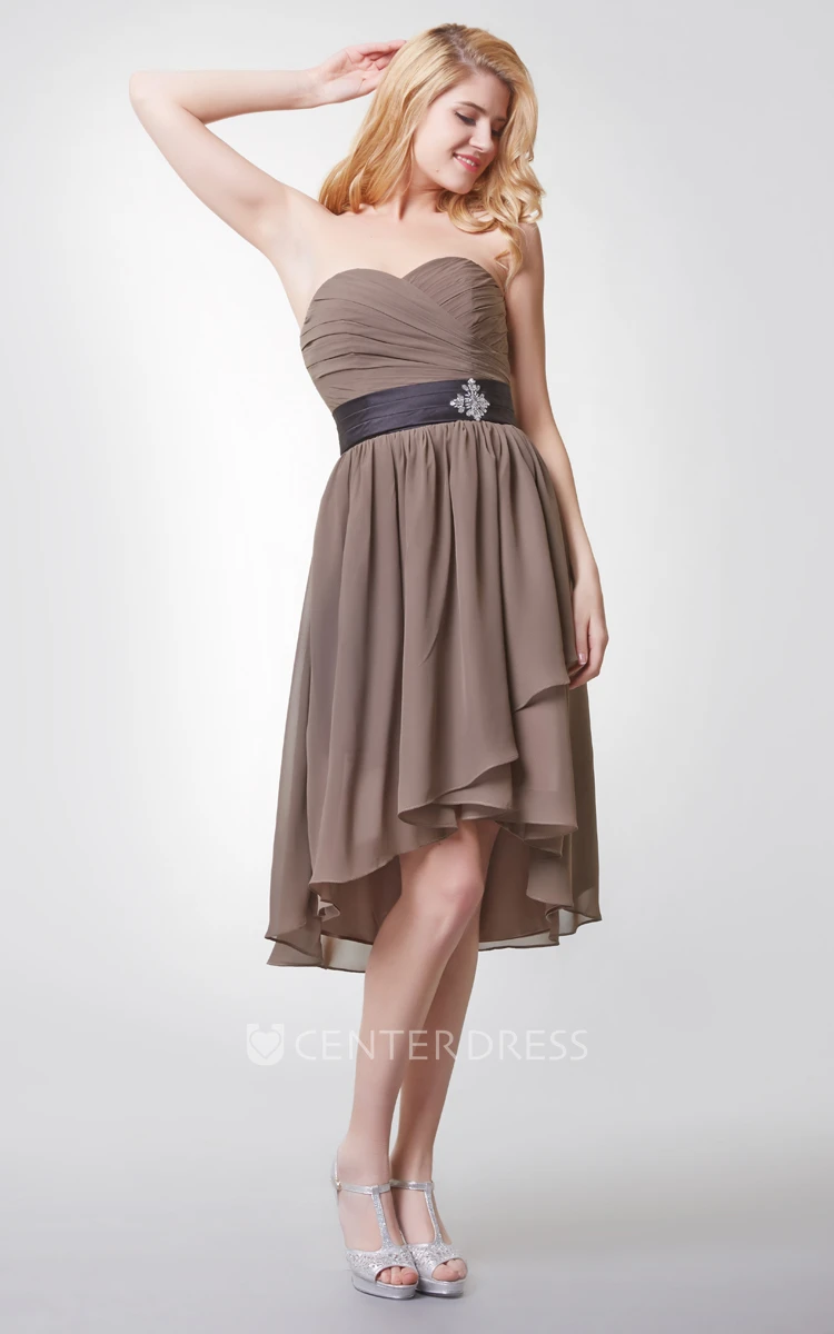 Sleeveless Pleated High Low Chiffon Dress With Beaded Brooch