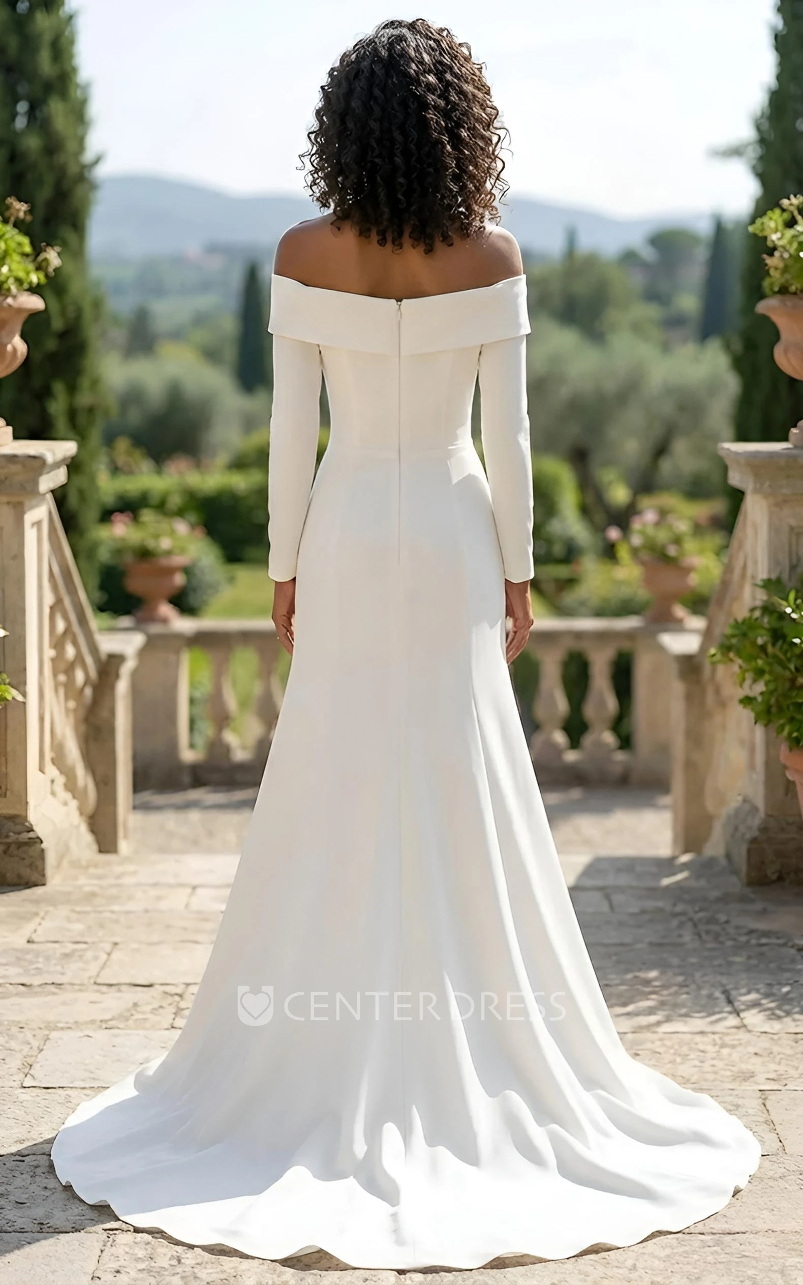 Simple Off-the-Shoulder Wedding Dress Modern Long Sleeves Engagement Satin Gown