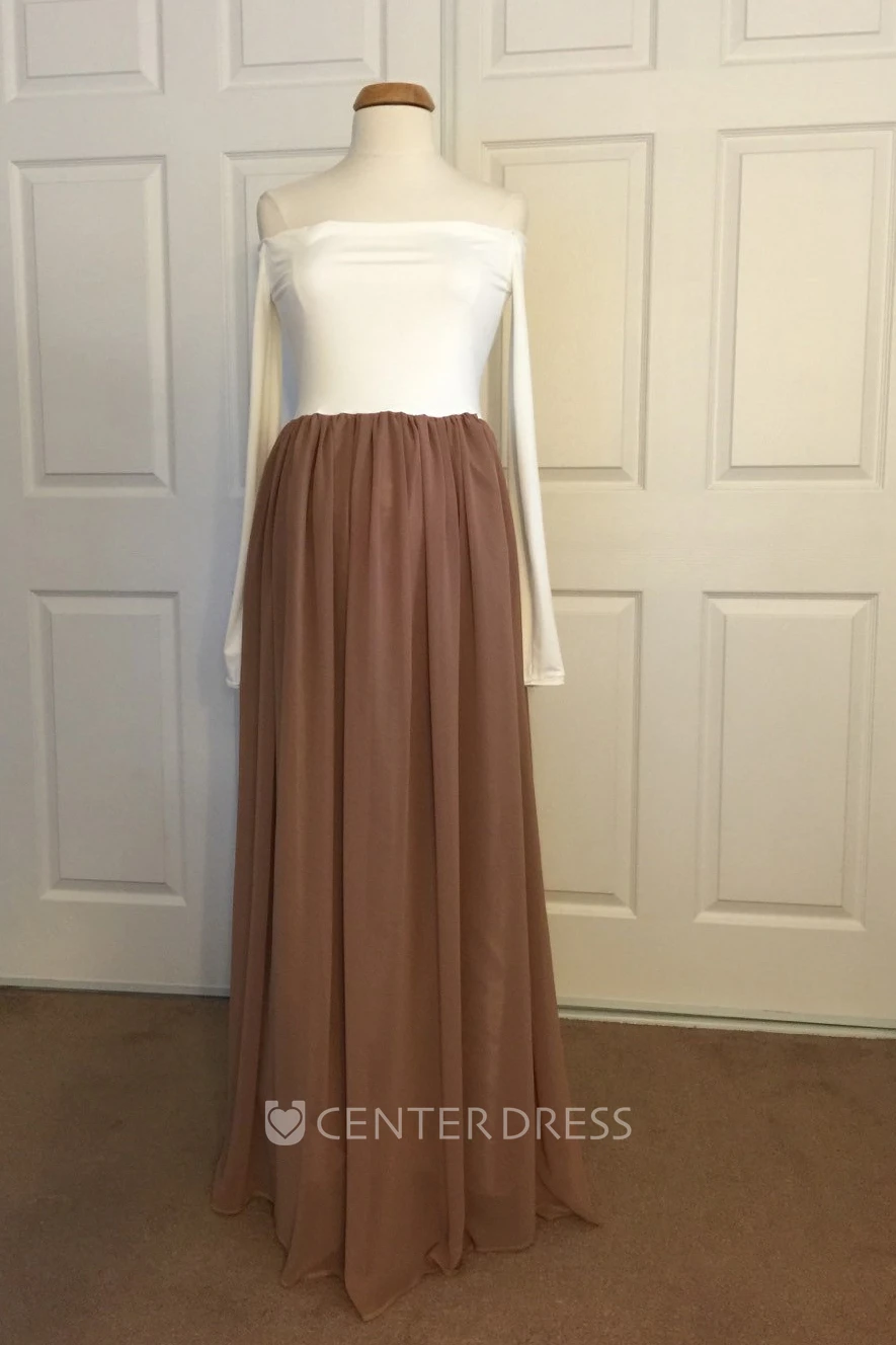 A-line Chiffon Jersey Off-the-shoulder Long Sleeve Pleated Maternity Dress