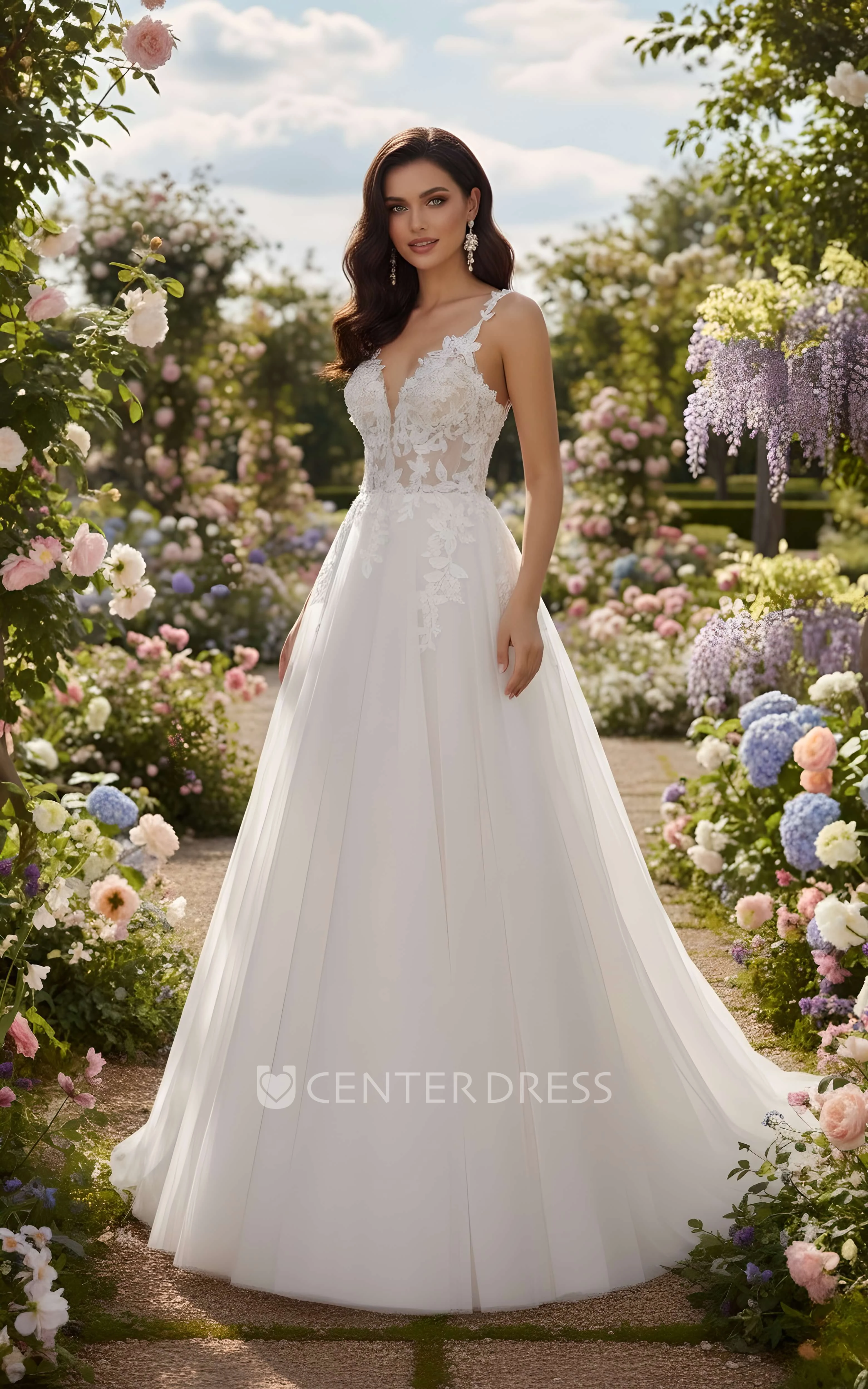 Elegant Deep V-Neck Spaghetti Spring Wedding Dress Floral Lace A-Line Chiffon Garden Bridal Gown
