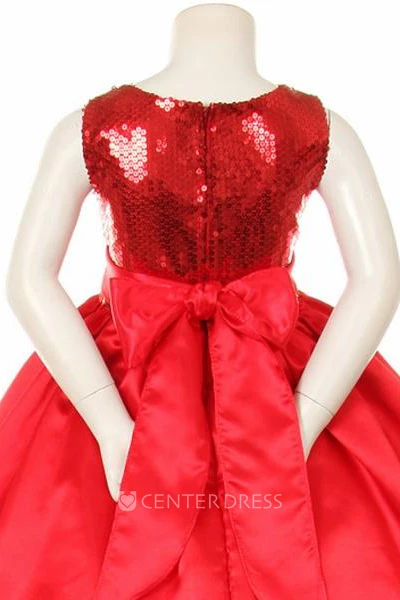 Tea-Length Bowed Sequins&Satin Flower Girl Dress