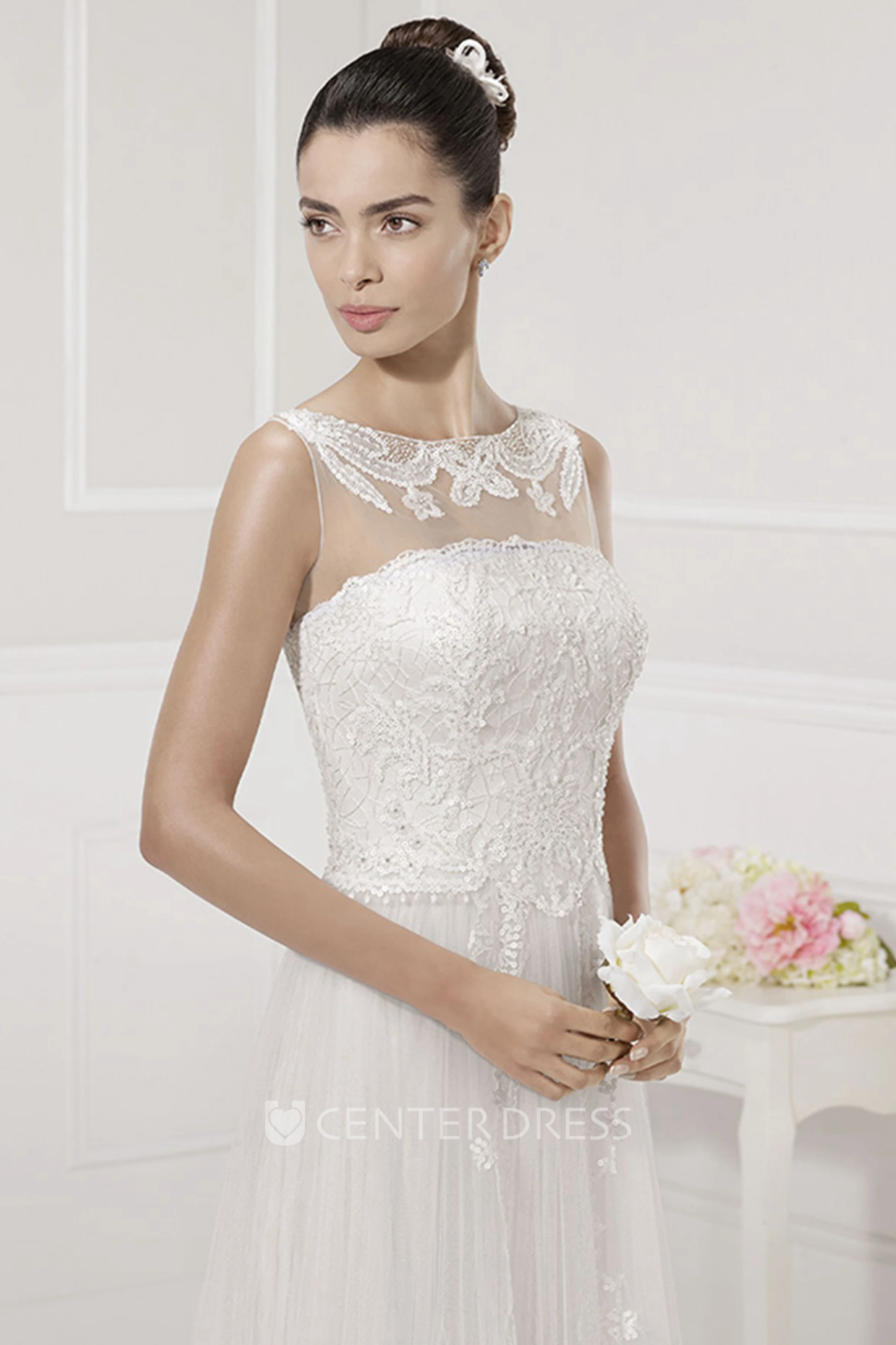Strapless Sequined Tulle Bridal Gown With Removable Illusion Neck