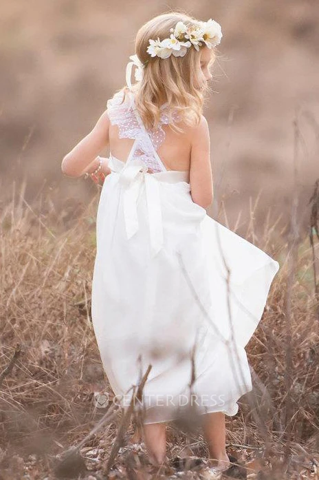Lace Bow Back Strap Criss-Crossed Flower Girl Dress