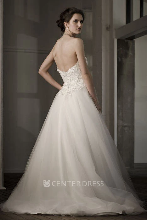 A-Line Ball-Gown Floor-Length Sweetheart Floral Sleeveless Tulle Wedding Dress With Backless Style And Appliques