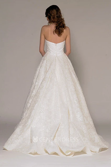High-Low Strapless Beaded Lace Wedding Dress With V Back