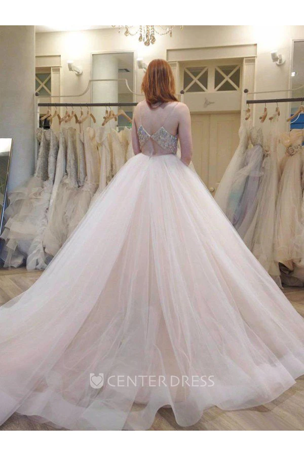 Ball Gown Spaghetti Tulle Open Back Wedding Dress