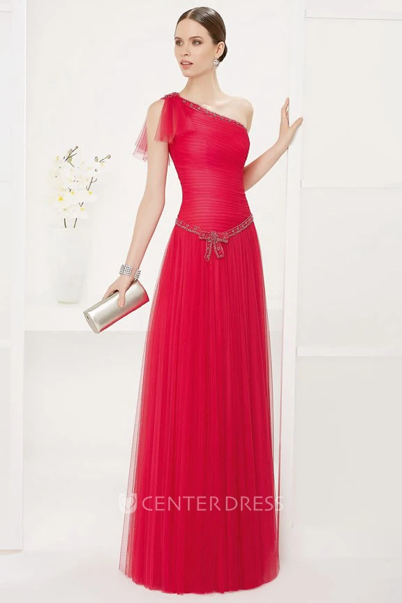 Drop Waist Asymmetric Tulle Long Prom Dress With Crystal Neckline And Waist
