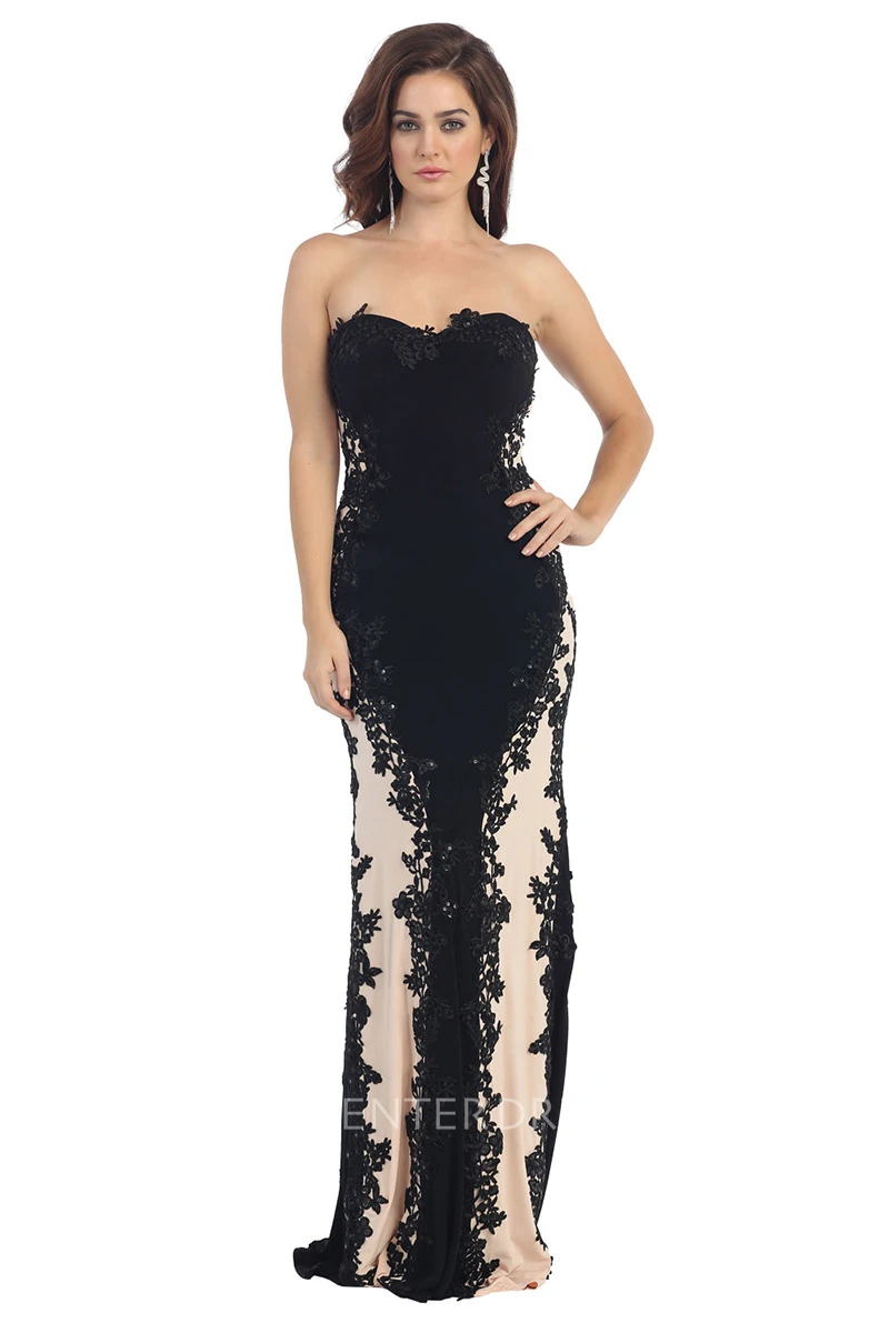 Pencil Floor-Length Strapless Sleeveless Lace Jersey Dress With Appliques