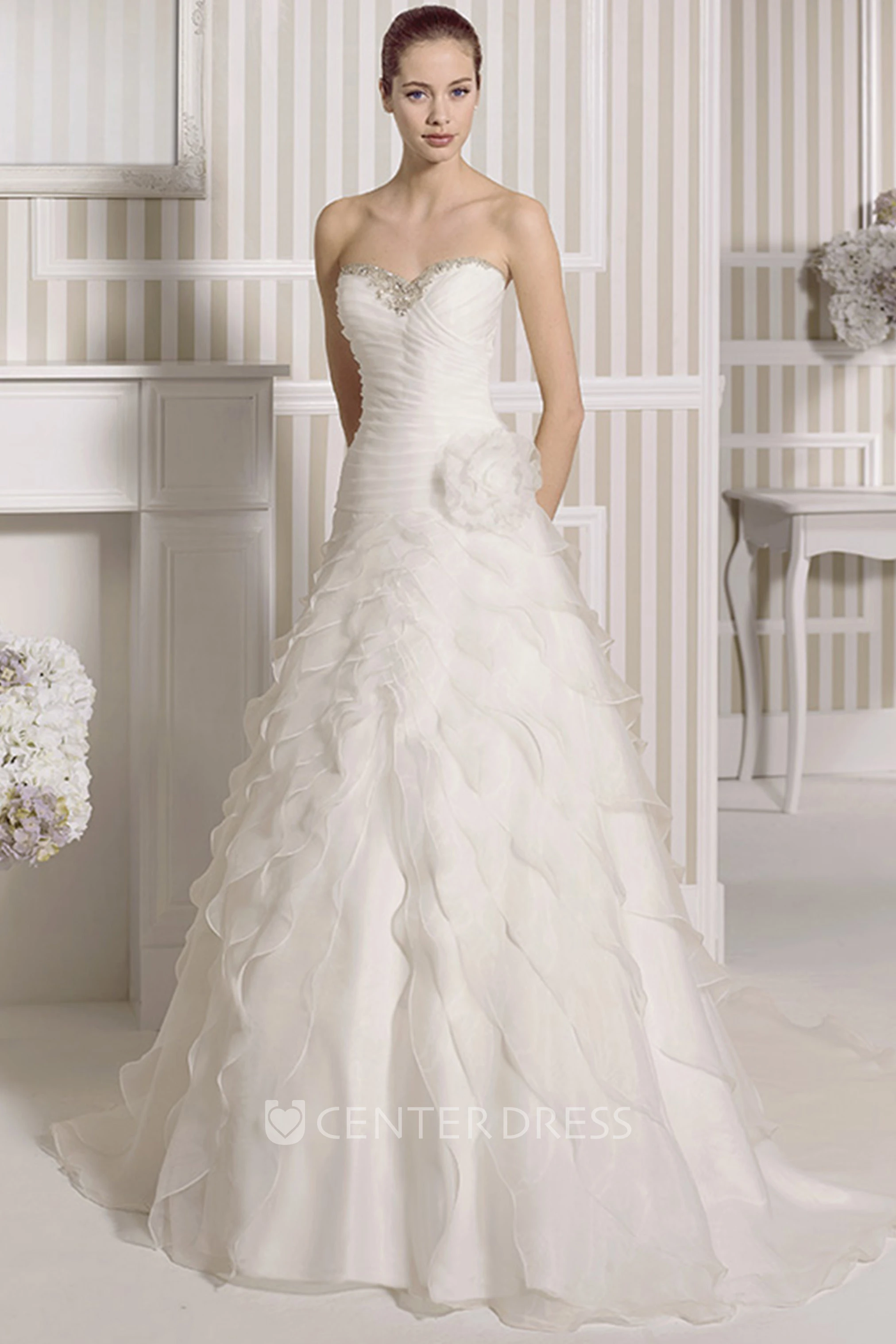 Handmade Organza A Line Carrie Wedding Dress With Beaded Flowers