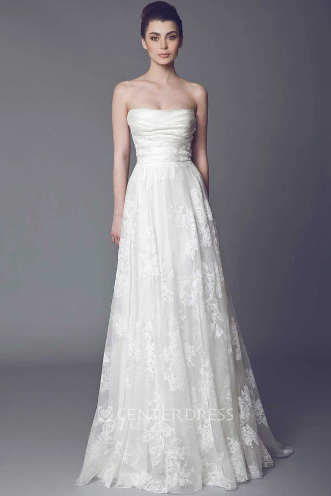 Strapless Maxi Appliqued Lace Wedding Dress With Sweep Train And V Back