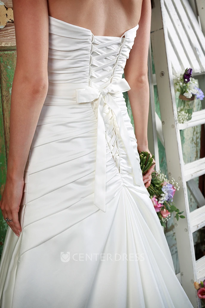 A-Line Long Side-Draped Sleeveless Sweetheart Satin Spring Wedding Dress With Waist Jewellery