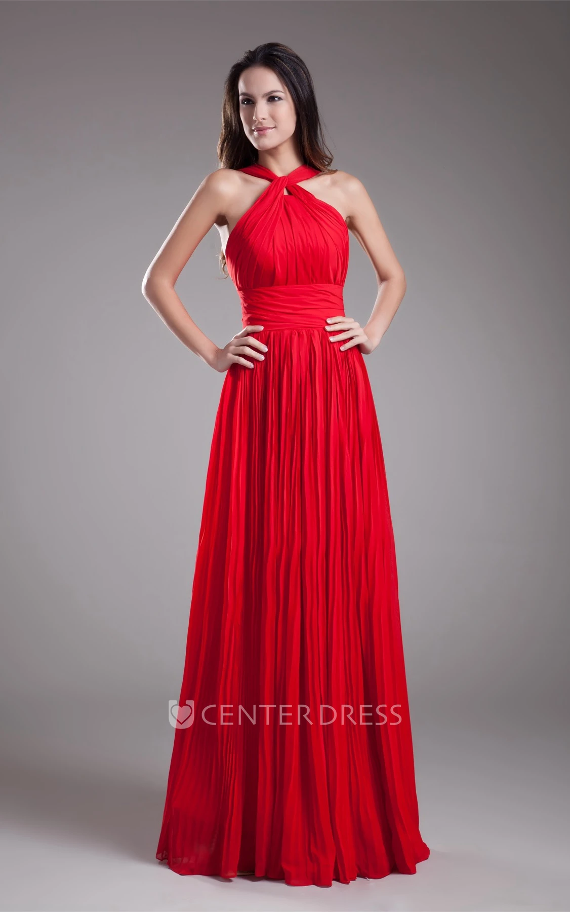 sleeveless a-line maxi ruched dress with zipper back and pleats