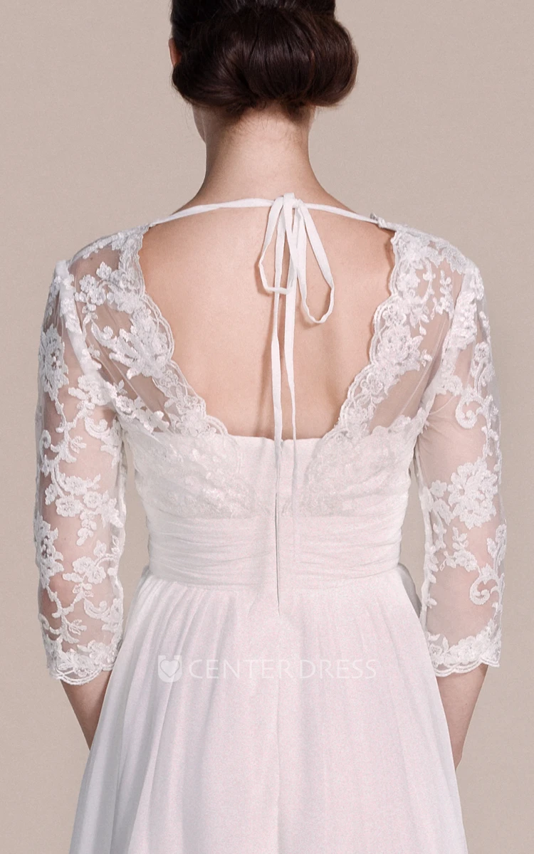 3/4 Sleeve V-neck A-line Lace Chiffon Short Knee-length Spring Wedding Dress