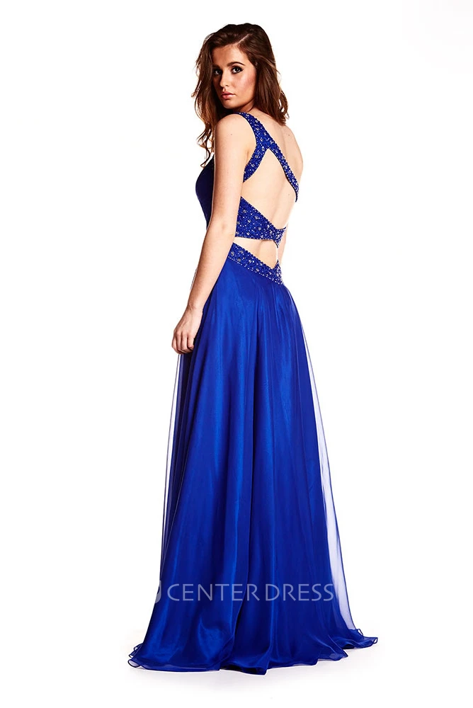 A-Line Sleeveless One-Shoulder Floor-Length Ruched Prom Dress With Straps And Beading