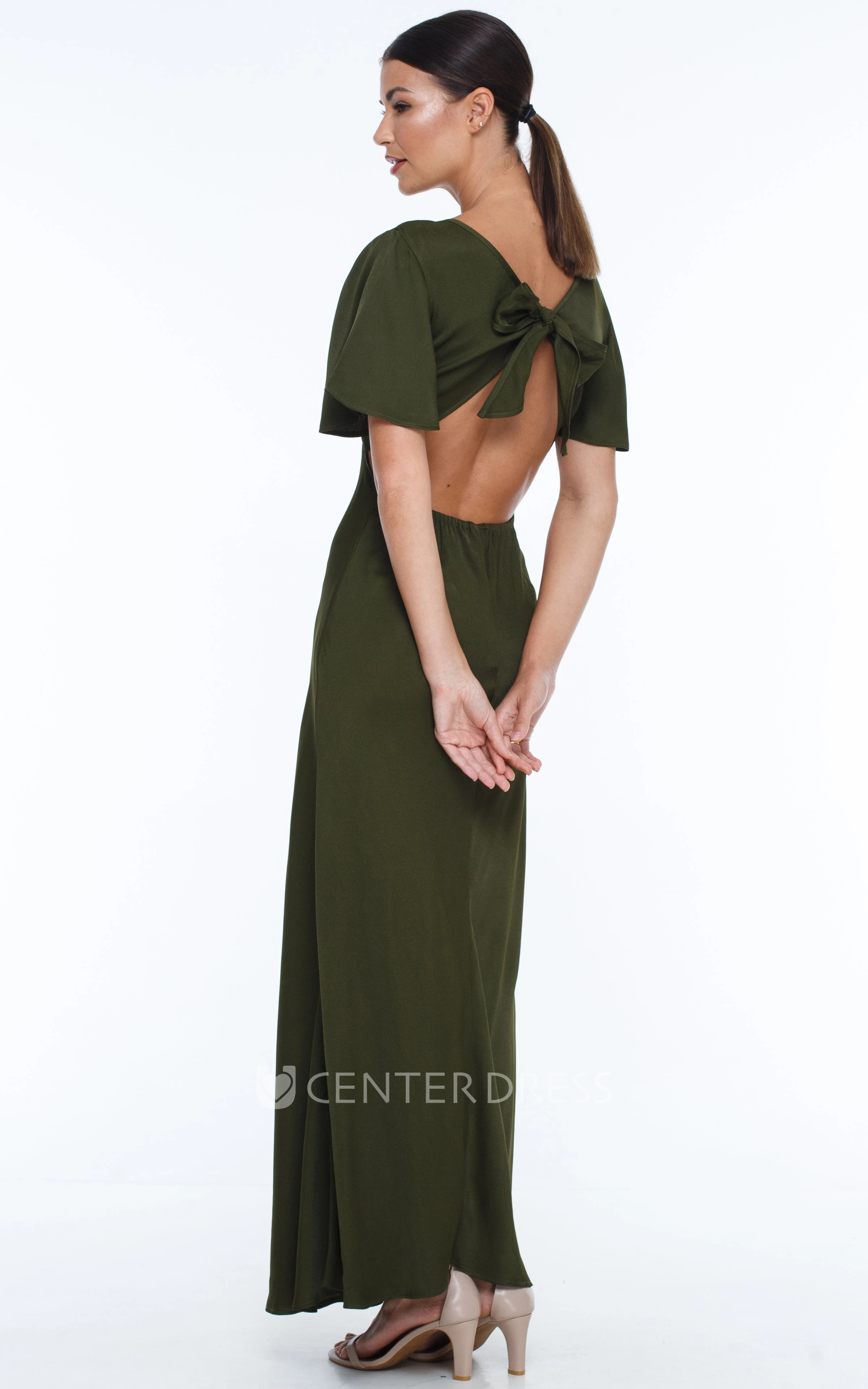 Casual Elegant V-neck Sheath Chiffon Bridesmaid Dress With Open Back And Bow