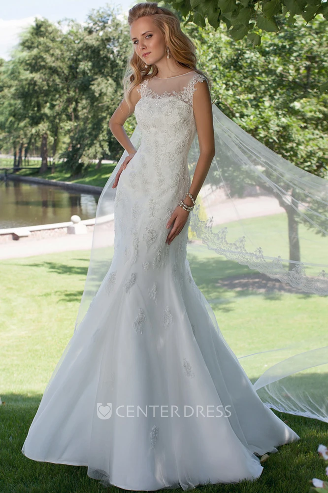 Trumpet Appliqued Floor-Length Scoop Sleeveless Wedding Dress With Corset Back And Court Train