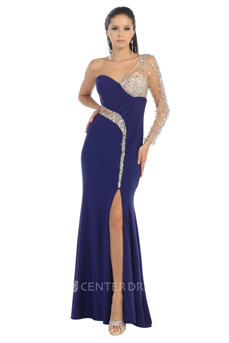 Sheath One-Shoulder Illusion Long Sleeve Jersey Dress With Split Front And Beading