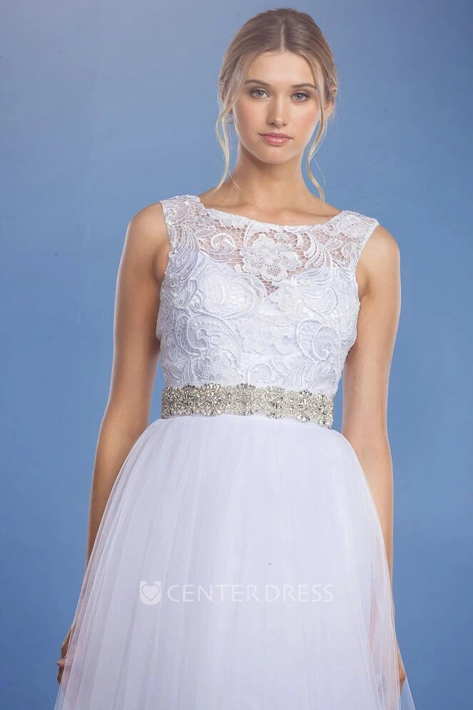 A-Line Bateau Sleeveless Floor-Length Tulle&Lace Wedding Dress With Keyhole Back
