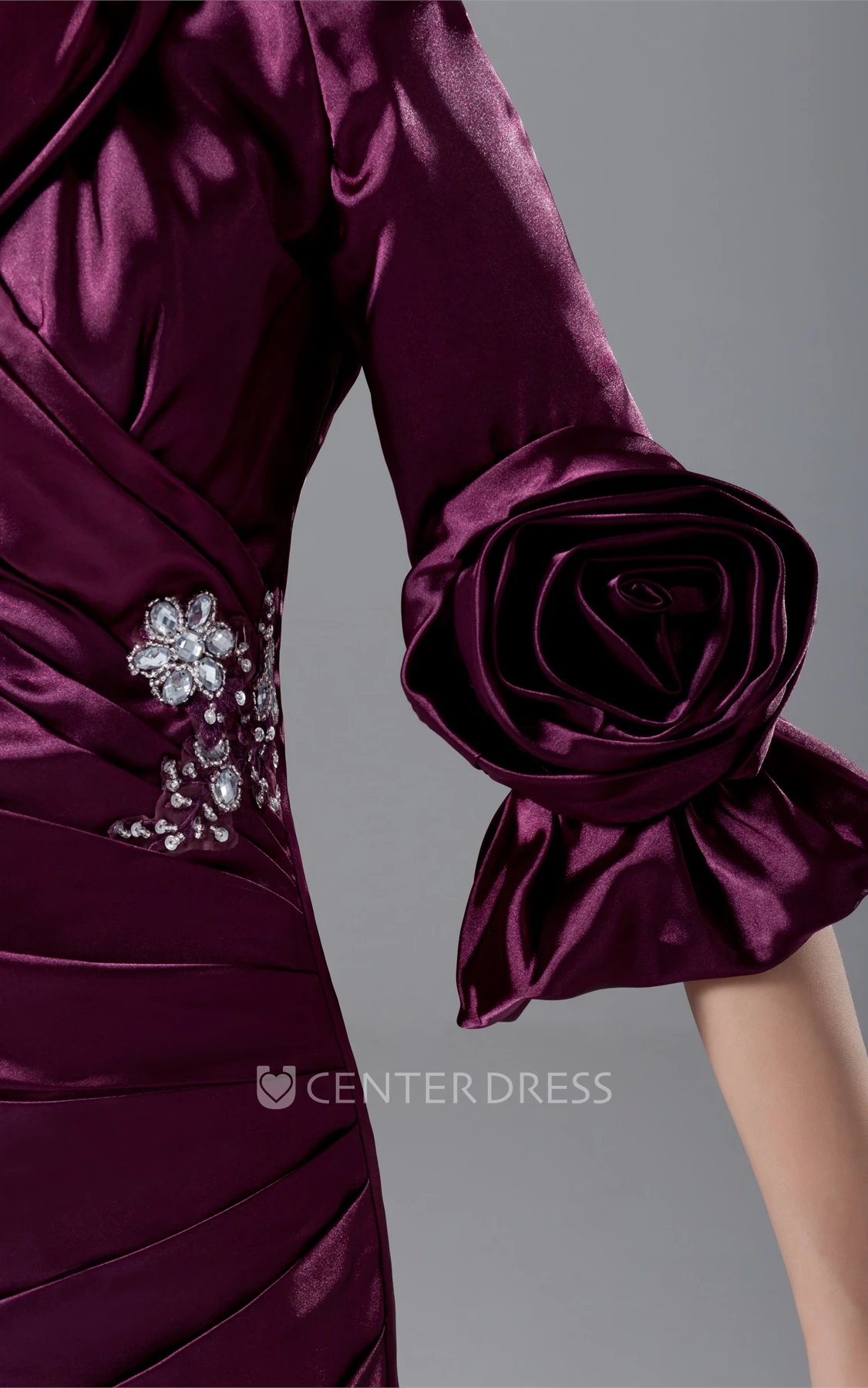 Modest Long-Sleeve Side-Ruched Formal Gown with Beading and Flower