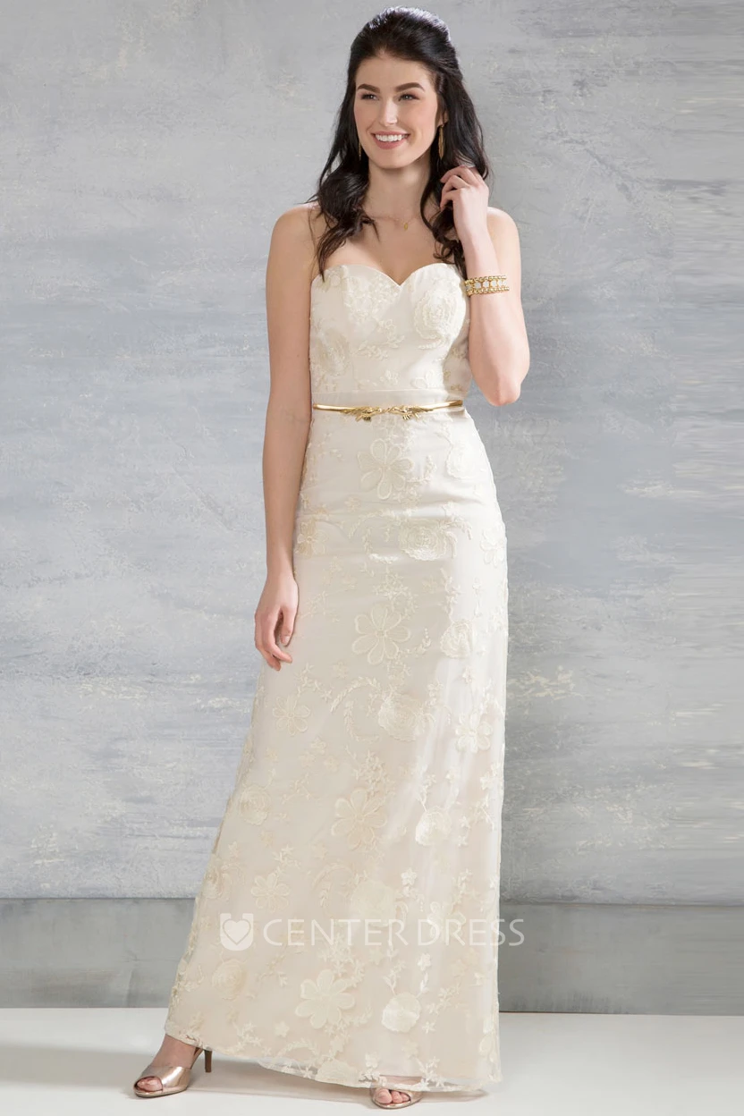 Sheath Sweetheart Floor-Length Lace Wedding Dress With Appliques And Zipper