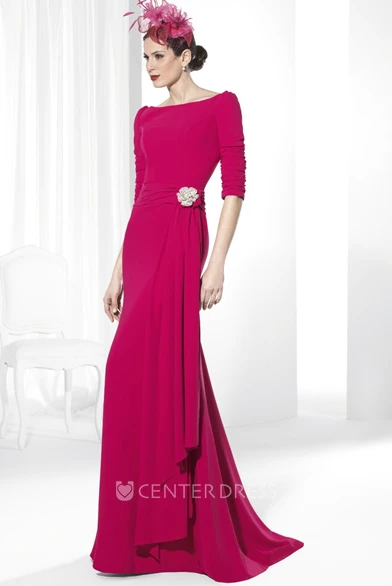 Half-Sleeve Long Scoop-Neck Broach Chiffon Prom Dress With Draping