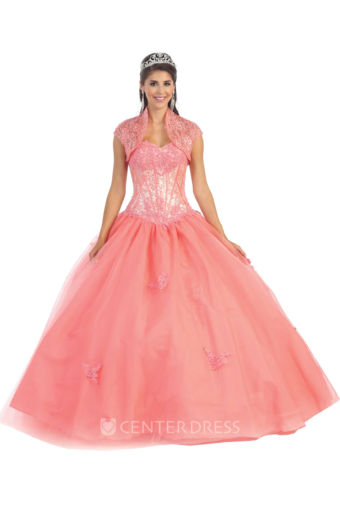 Ball Gown Sweetheart Sleeveless Tulle Satin Corset Back Dress With Appliques