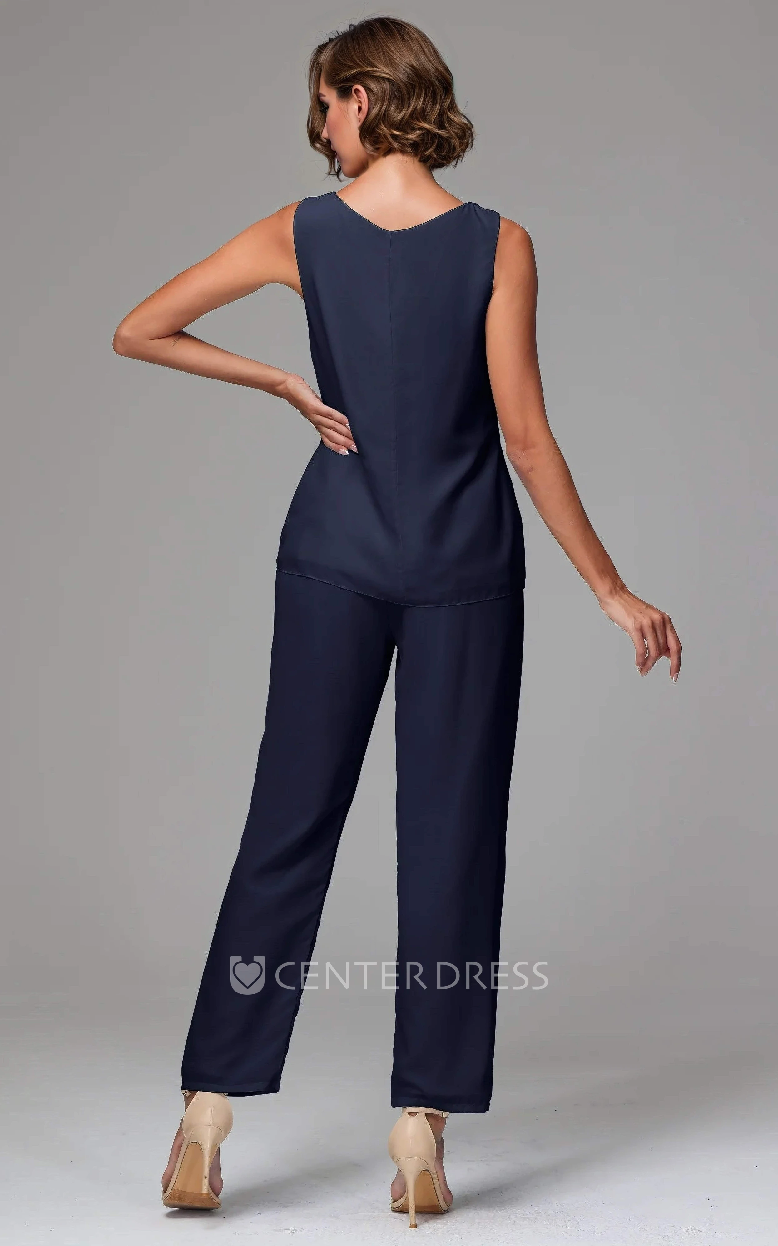 Simple Modest 3 Pieces Dark Navy Blue Chiffon Bateau Neckline Mother of the Bride Pant Suit