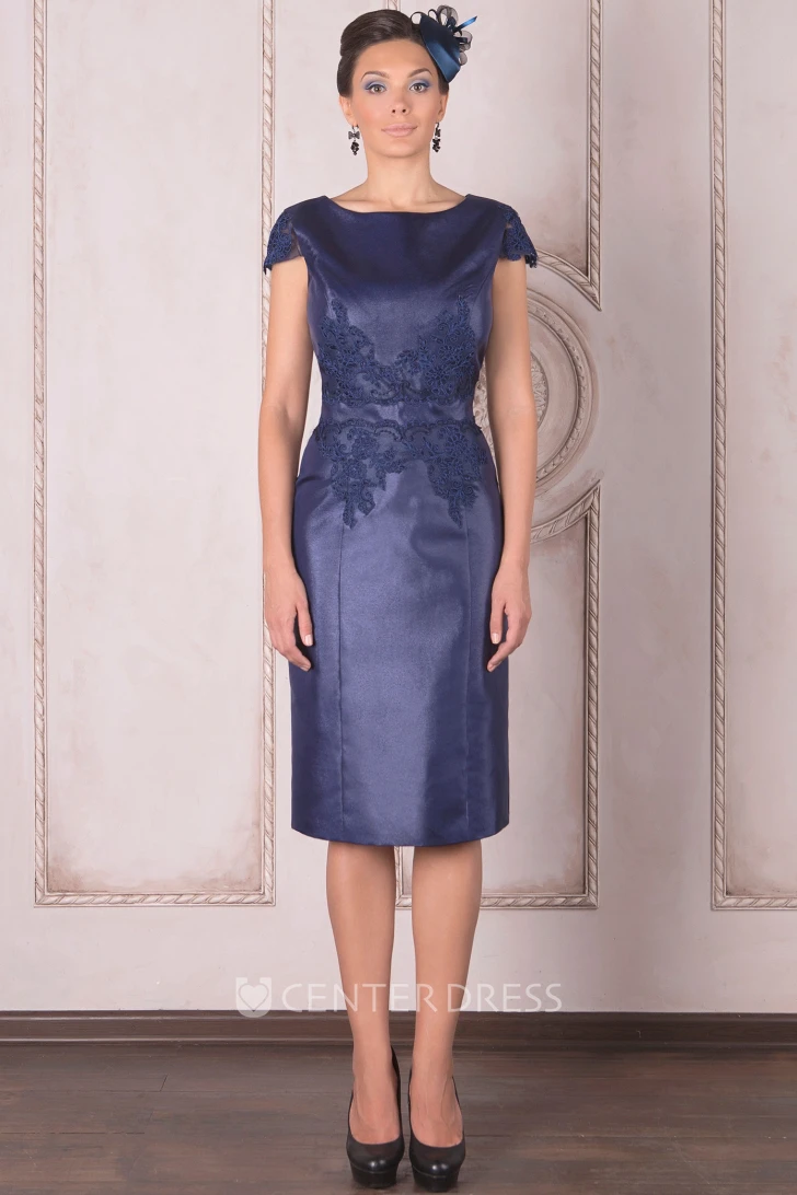 Knee-Length Pencil Cap Sleeve Appliqued Bateau Neck Satin Mother Of The Bride Dress