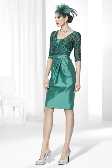 Knee-Length Embroidered Half-Sleeve Satin Prom Dress With Bow