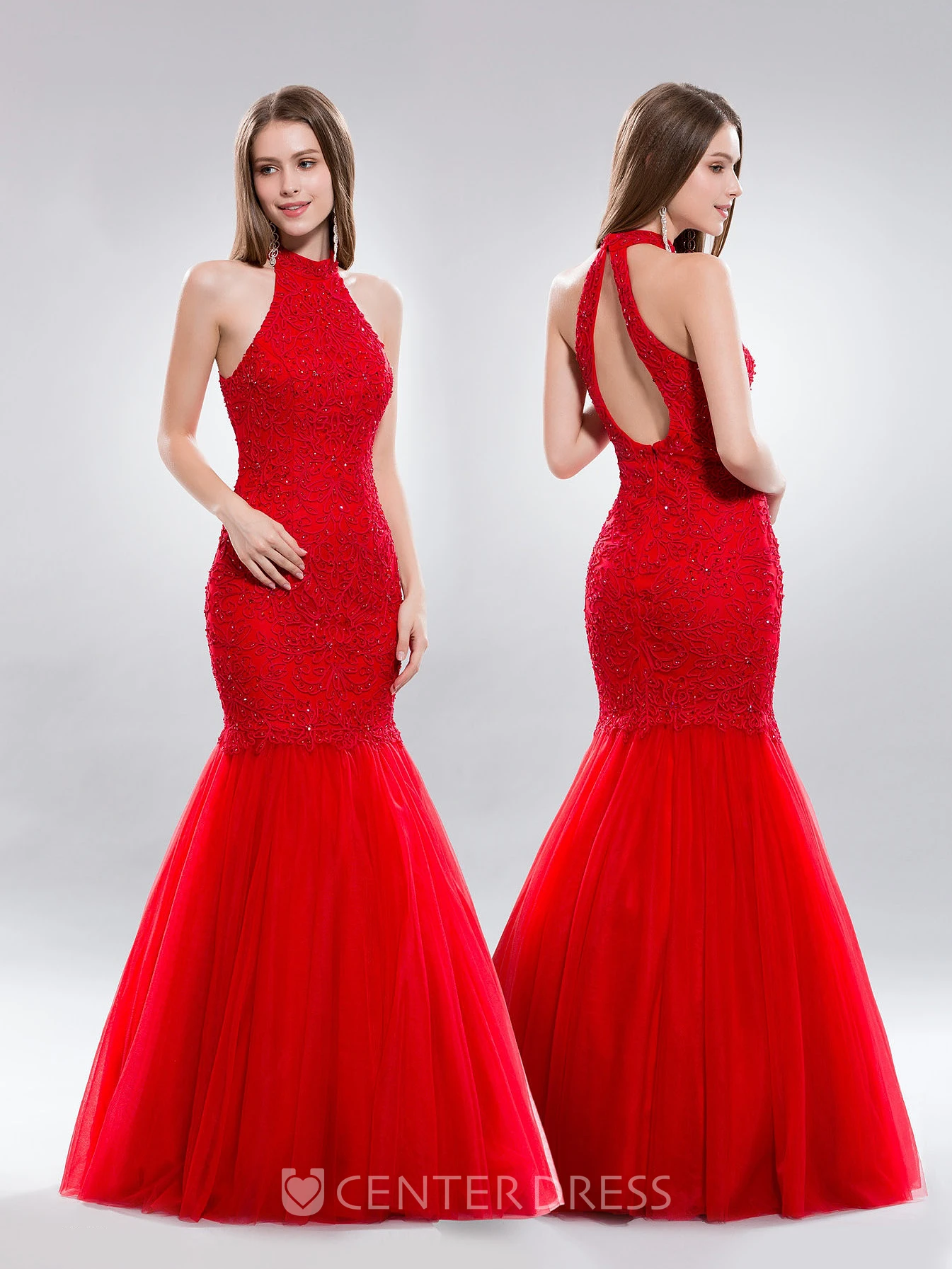Mermaid High Neck Sleeveless Tulle Keyhole Dress With Appliques And Pleats