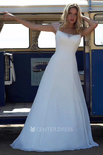 A-Line Cap-Sleeve Chiffon Wedding Dress With Beading And Illusion