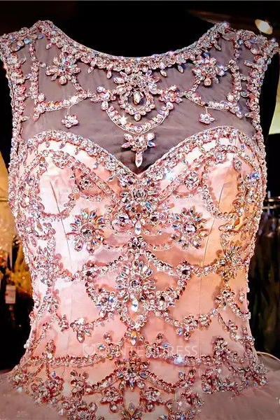 Sleeveless Ball Gown Jewel Floor-length Tulle Prom Dress with Beading Ruching and Ruffles