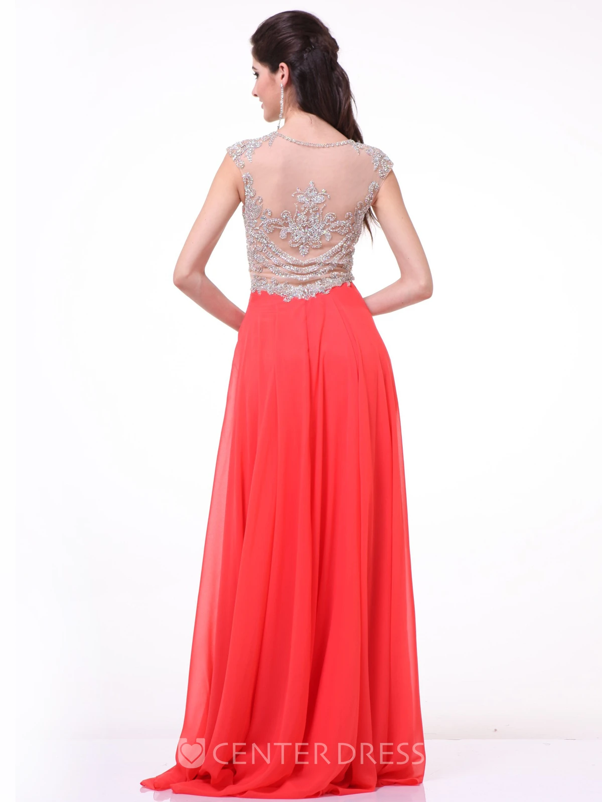 A-Line Long Jewel-Neck Cap-Sleeve Chiffon Illusion Dress With Beading