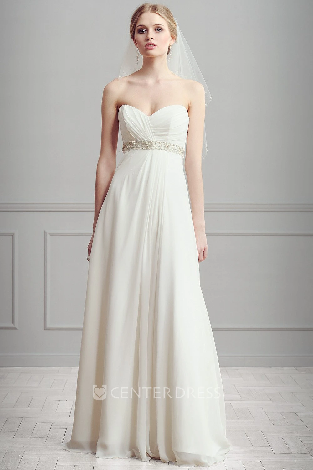 Sweetheart Long Criss-Cross Empire Sleeveless Chiffon Wedding Dress With Waist Jewellery