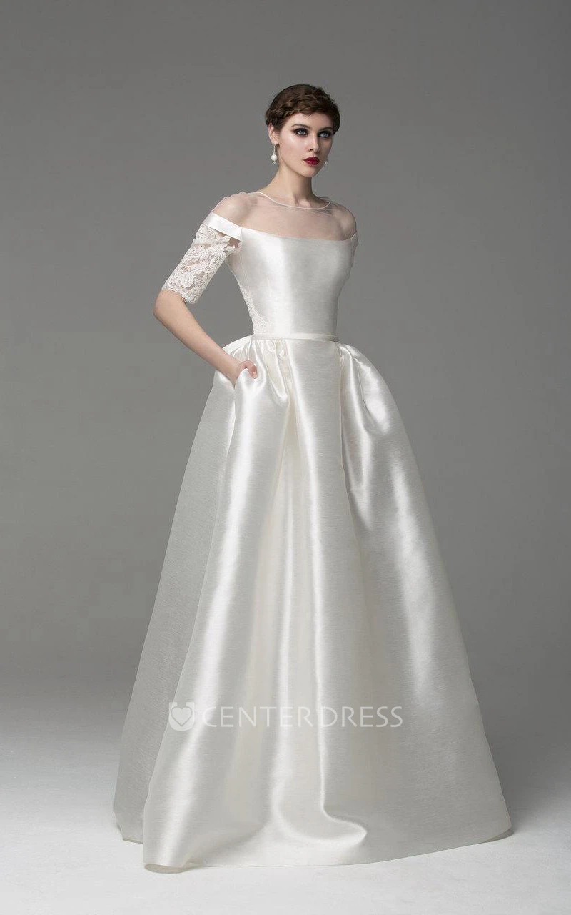 Off-Shoulder Long A-Line Satin Wedding Dress With Lace Sleeves