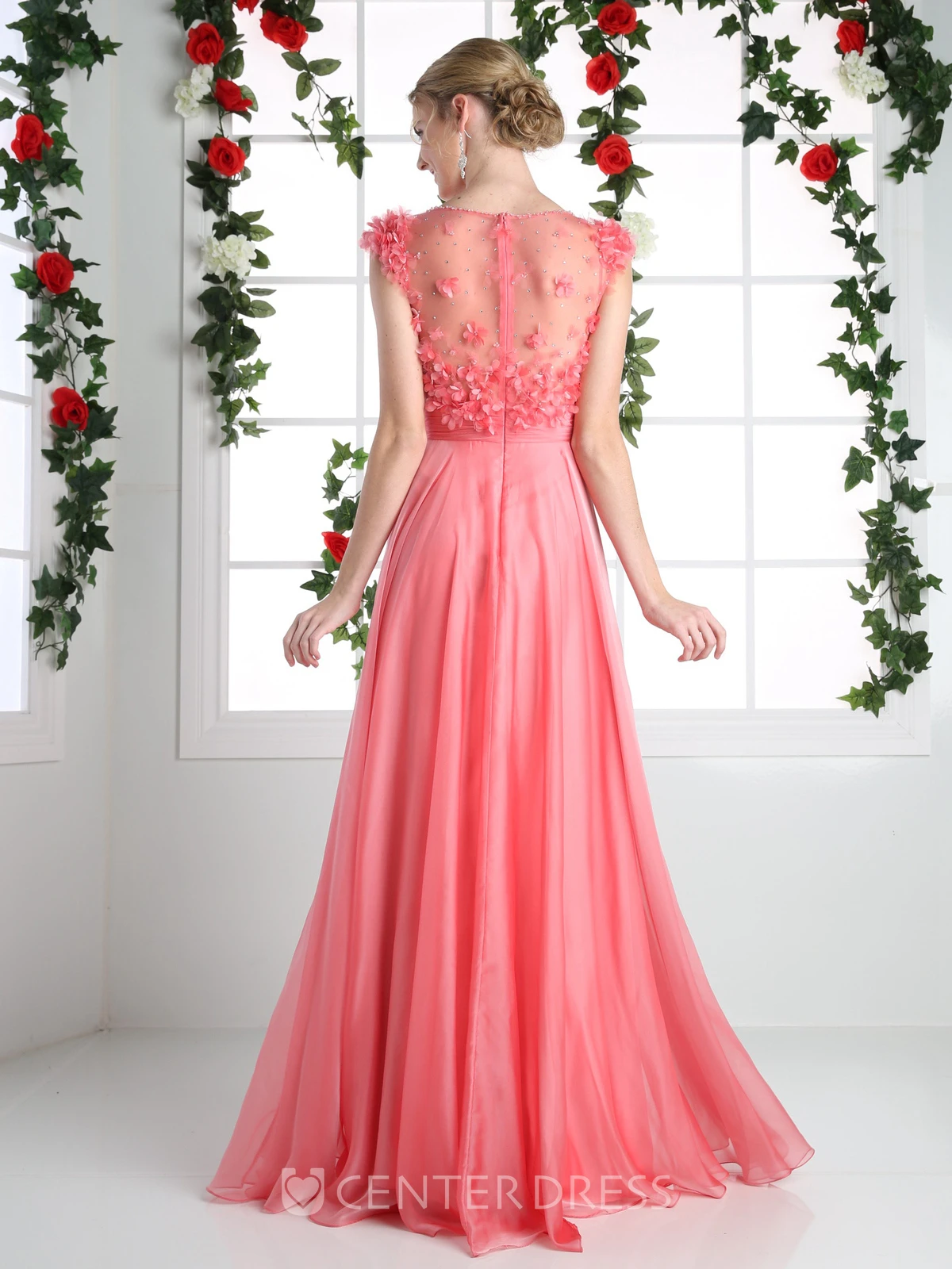 A-Line Maxi Bateau Cap-Sleeve Chiffon Illusion Dress With Flower And Pleats