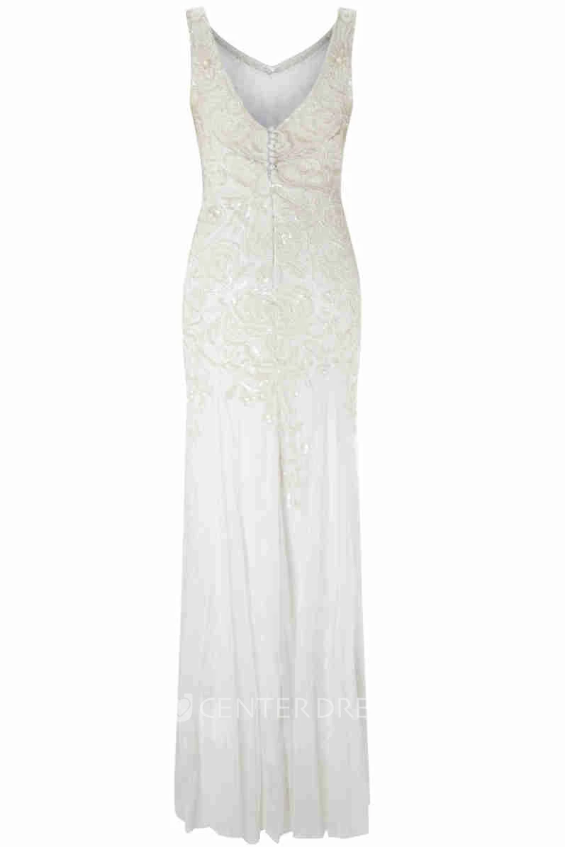 Sheath V-Neck Sleeveless Tulle Wedding Dress