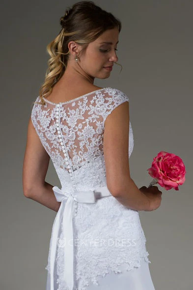 Beading Sash Sheath Satin Bridal Gown With Removable Lace Cap-Sleeve Top